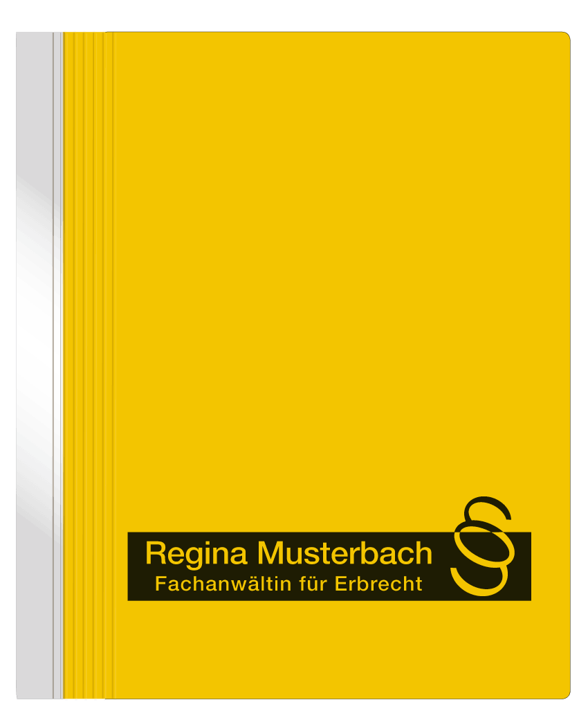 Orga+ Kanzlei-Hängehefter, gelb, mit kundenindividuellem Aufdruck des Kundenlogos 'Regina Musterbach'